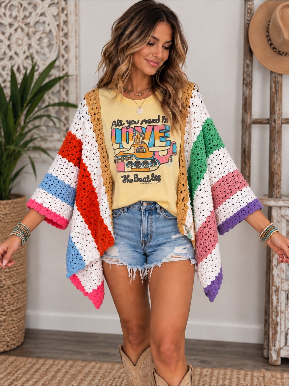 Upcycled BEATLES Crochet poncho